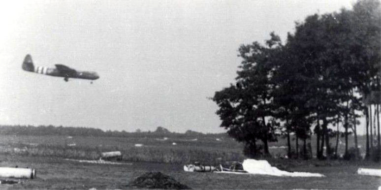 Horsa Glider during landing at LZ-L. What the photo does not show is the fierce battle taking place around the landing areas at that moment.